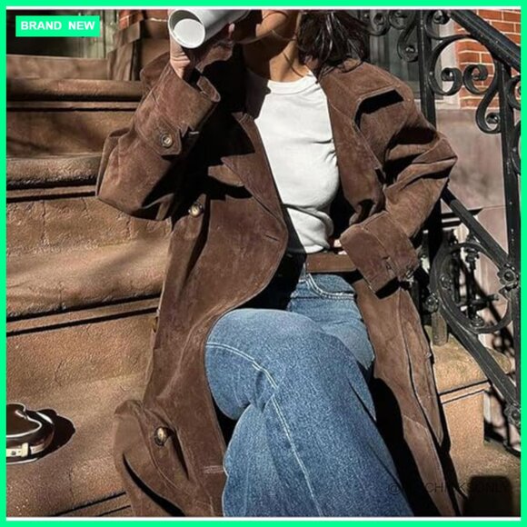 Faux Suede Long Trench Coat Notched Lapel Double Breasted Pea Coat with Belt - Picture 5 of 7